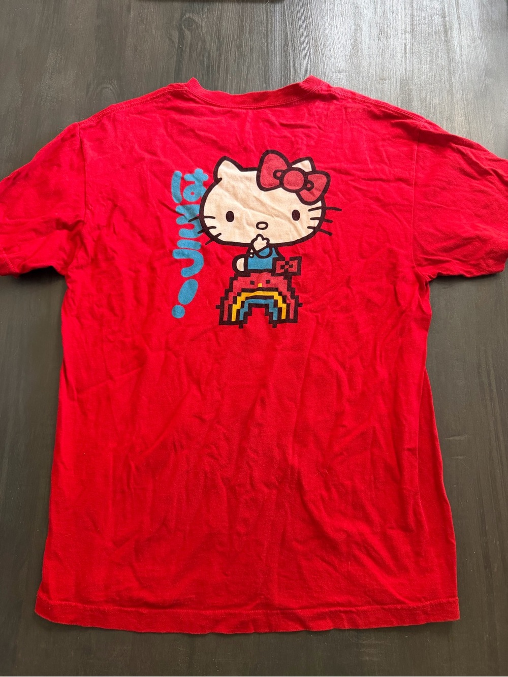 Sanrio Hello Kitty Red Graphic T-Shirt Size L Y2K Retro Pixel Rainbow